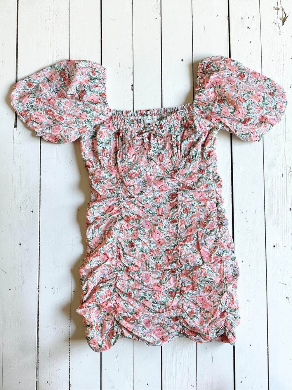 Mable Floral Cotton Puff Sleeve Ruched Mini Dress Size L